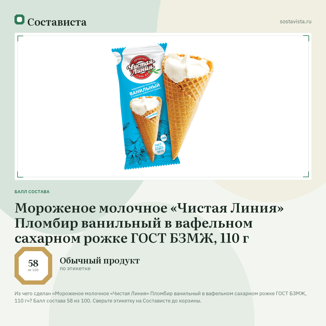 Мороженое молочное «Чистая Линия» Пломбир ванильный в вафельном сахарном рожке ГОСТ БЗМЖ, 110 г: балл состава 58 из 100 — Состависта