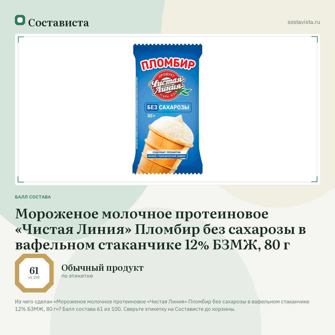 Мороженое молочное протеиновое «Чистая Линия» Пломбир без сахарозы в вафельном стаканчике 12% БЗМЖ, 80 г: балл состава 61 из 100 — Состависта
