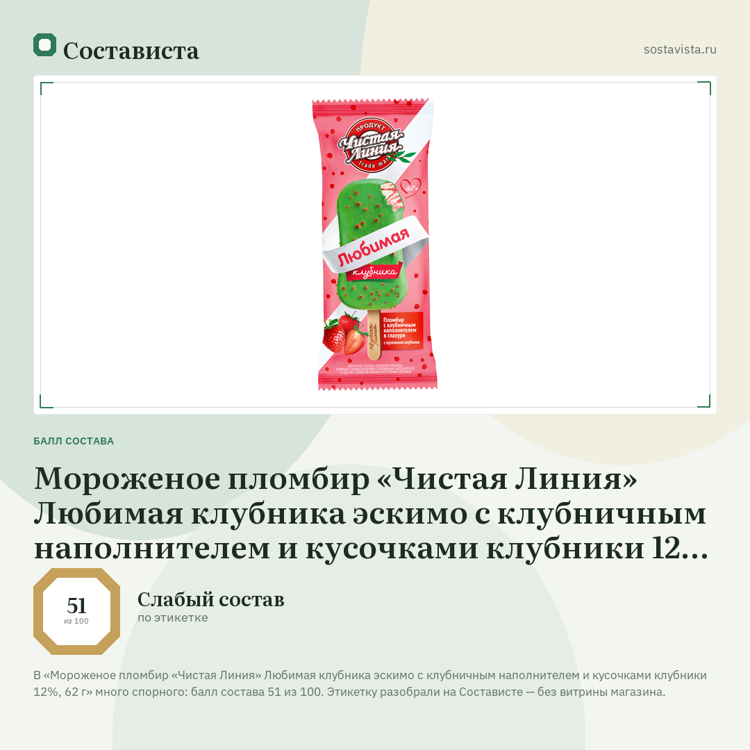 Мороженое пломбир «Чистая Линия» Любимая клубника эскимо с клубничным наполнителем и кусочками клубники 12%, 62 г: балл состава 51 из 100 — Состависта
