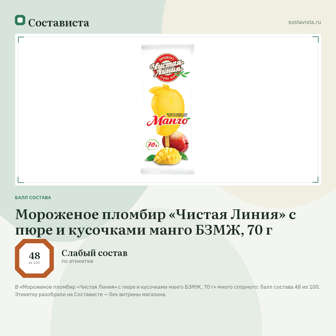 Мороженое пломбир «Чистая Линия» с пюре и кусочками манго БЗМЖ, 70 г: балл состава 48 из 100 — Состависта