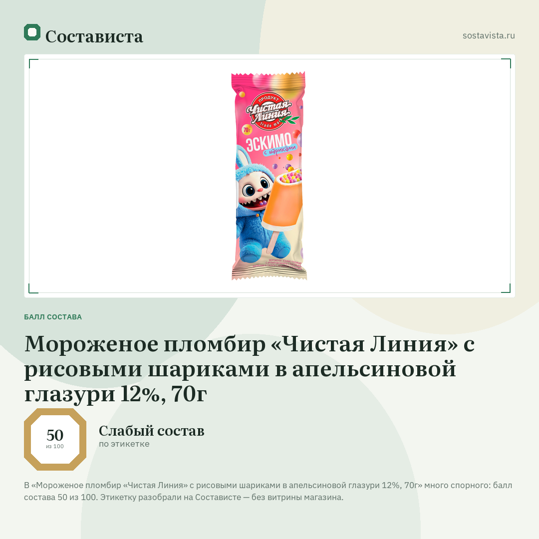 Мороженое пломбир «Чистая Линия» с рисовыми шариками в апельсиновой глазури 12%, 70г: балл состава 50 из 100 — Состависта