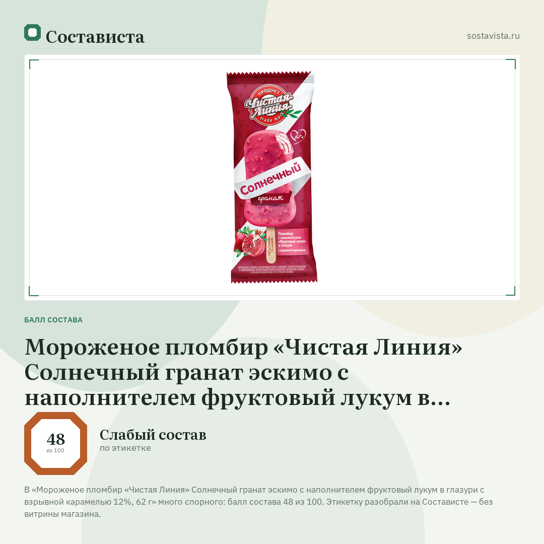 Мороженое пломбир «Чистая Линия» Солнечный гранат эскимо с наполнителем фруктовый лукум в глазури с взрывной карамелью 12%, 62 г: балл состава 48 из 100 — Состависта