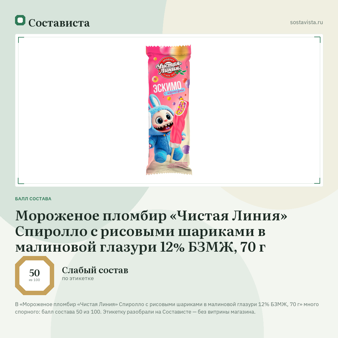 Мороженое пломбир «Чистая Линия» Спиролло с рисовыми шариками в малиновой глазури 12% БЗМЖ, 70 г: балл состава 50 из 100 — Состависта