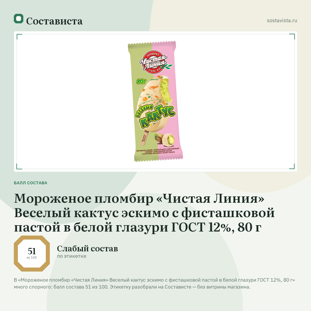 Мороженое пломбир «Чистая Линия» Веселый кактус эскимо с фисташковой пастой в белой глазури ГОСТ 12%, 80 г: балл состава 51 из 100 — Состависта