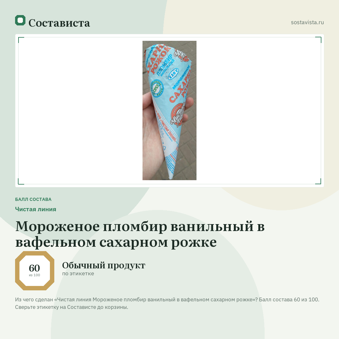 Чистая линия Мороженое пломбир ванильный в вафельном сахарном рожке: балл состава 60 из 100 — Состависта