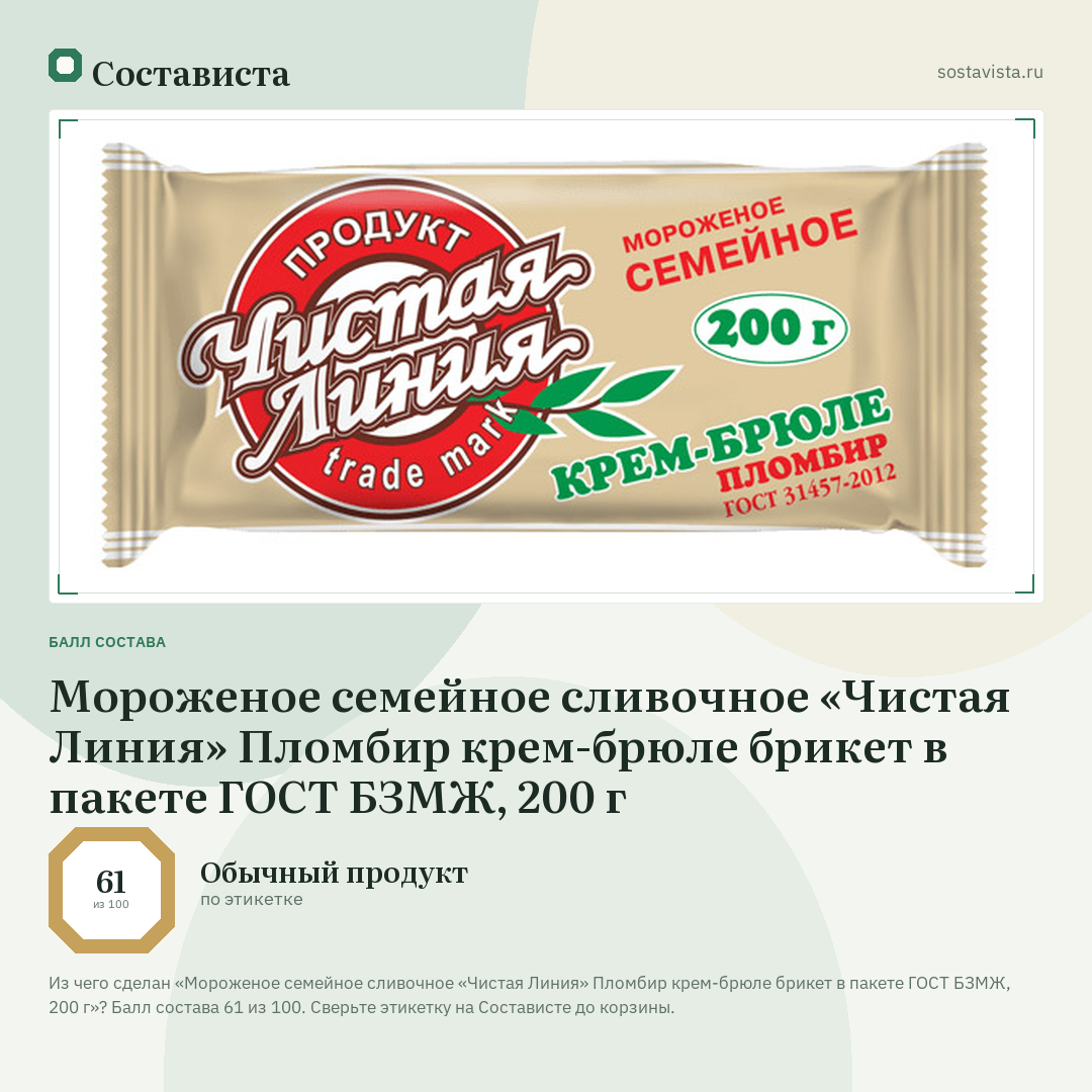 Мороженое семейное сливочное «Чистая Линия» Пломбир крем-брюле брикет в пакете ГОСТ БЗМЖ, 200 г: балл состава 61 из 100 — Состависта