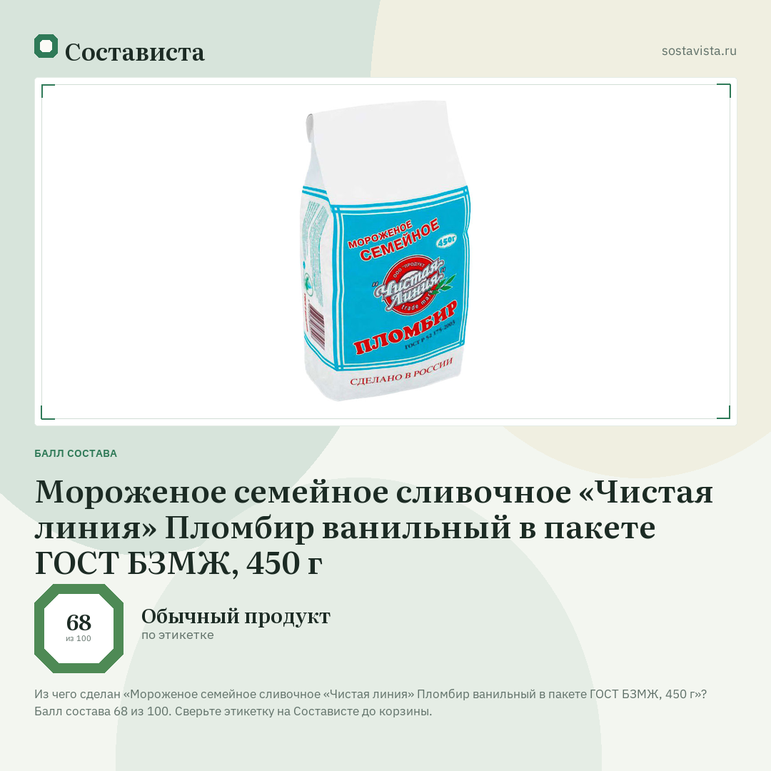 Мороженое семейное сливочное «Чистая линия» Пломбир ванильный в пакете ГОСТ БЗМЖ, 450 г: балл состава 68 из 100 — Состависта