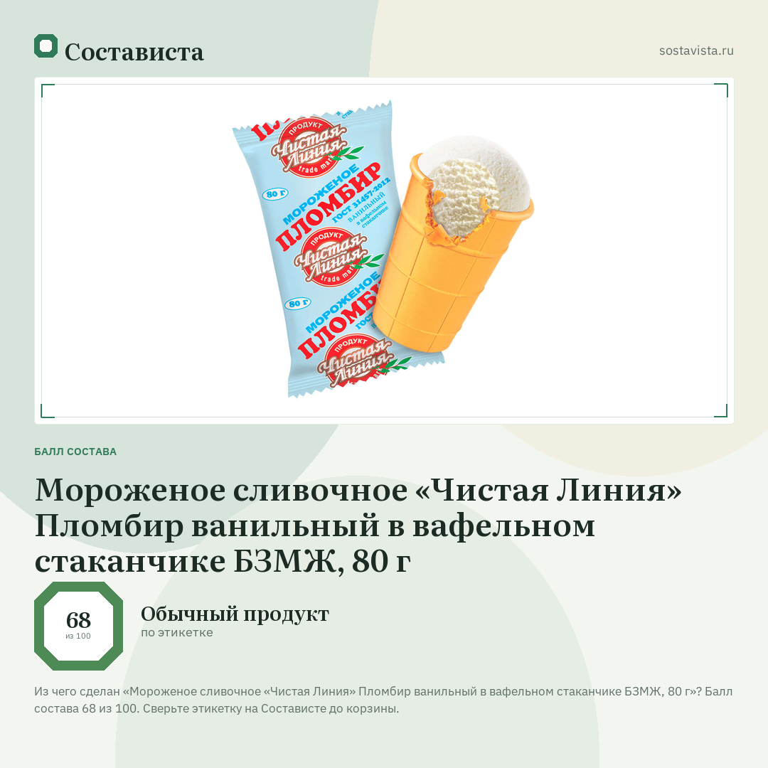 Мороженое сливочное «Чистая Линия» Пломбир ванильный в вафельном стаканчике БЗМЖ, 80 г: балл состава 68 из 100 — Состависта