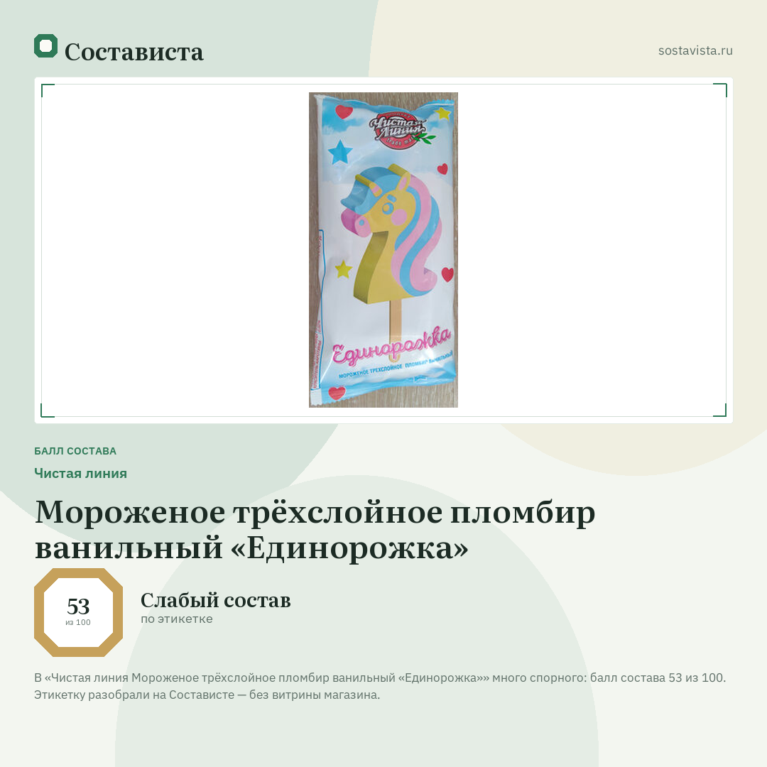Чистая линия Мороженое трёхслойное пломбир ванильный «Единорожка»: балл состава 53 из 100 — Состависта