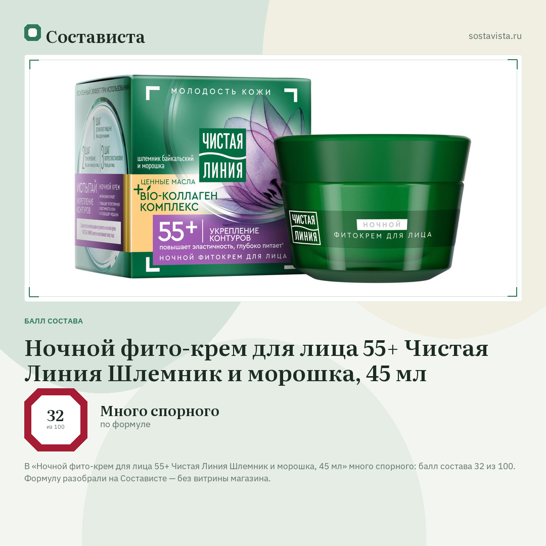 Ночной фито-крем для лица 55+ Чистая Линия Шлемник и морошка, 45 мл: балл состава 32 из 100 — Состависта