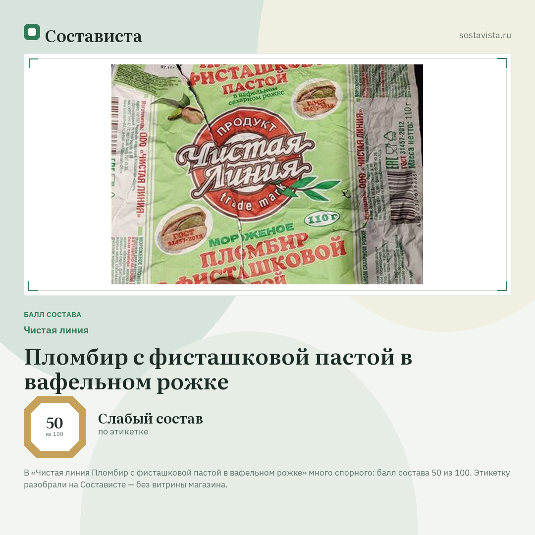 Чистая линия Пломбир с фисташковой пастой в вафельном рожке: балл состава 50 из 100 — Состависта