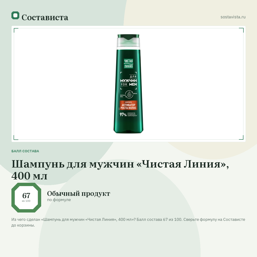Шампунь для мужчин «Чистая Линия», 400 мл: балл состава 67 из 100 — Состависта