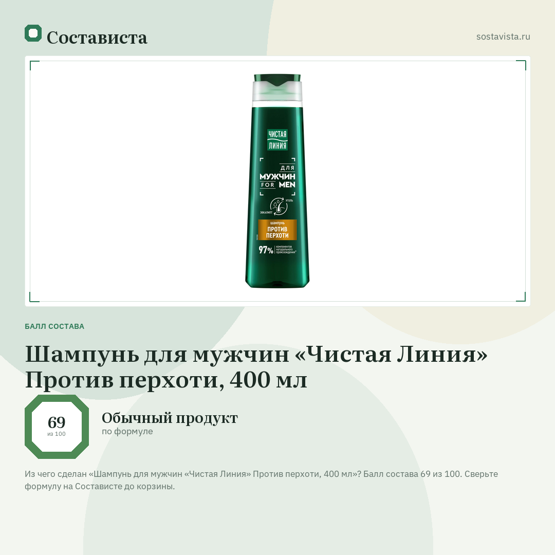 Шампунь для мужчин «Чистая Линия» Против перхоти, 400 мл: балл состава 69 из 100 — Состависта