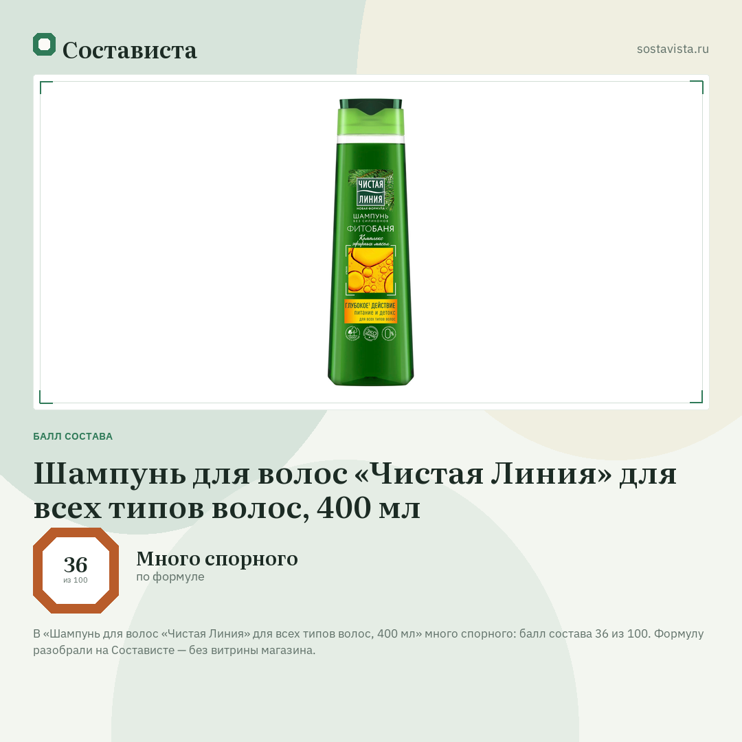 Шампунь для волос «Чистая Линия» для всех типов волос, 400 мл: балл состава 36 из 100 — Состависта