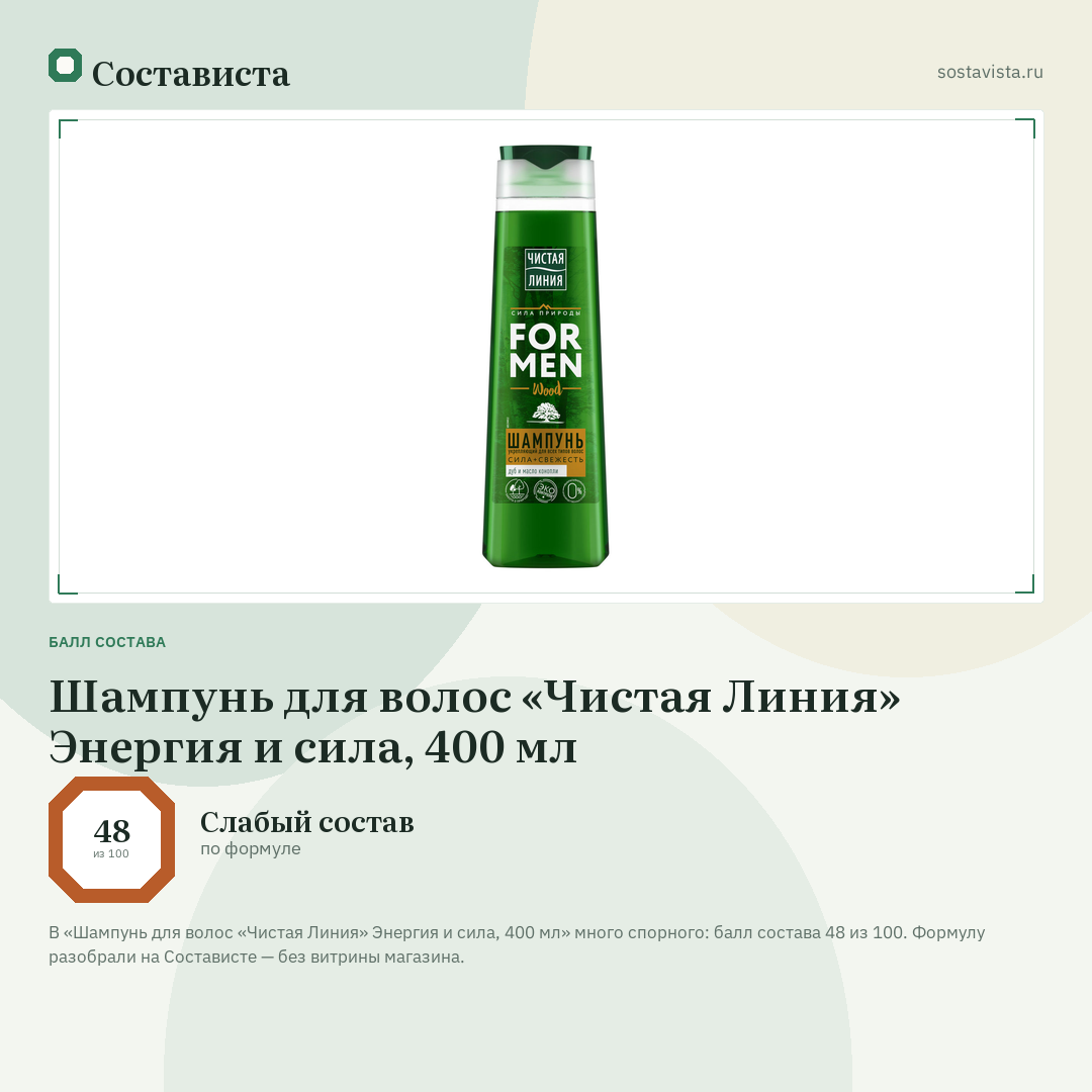 Шампунь для волос «Чистая Линия» Энергия и сила, 400 мл: балл состава 48 из 100 — Состависта