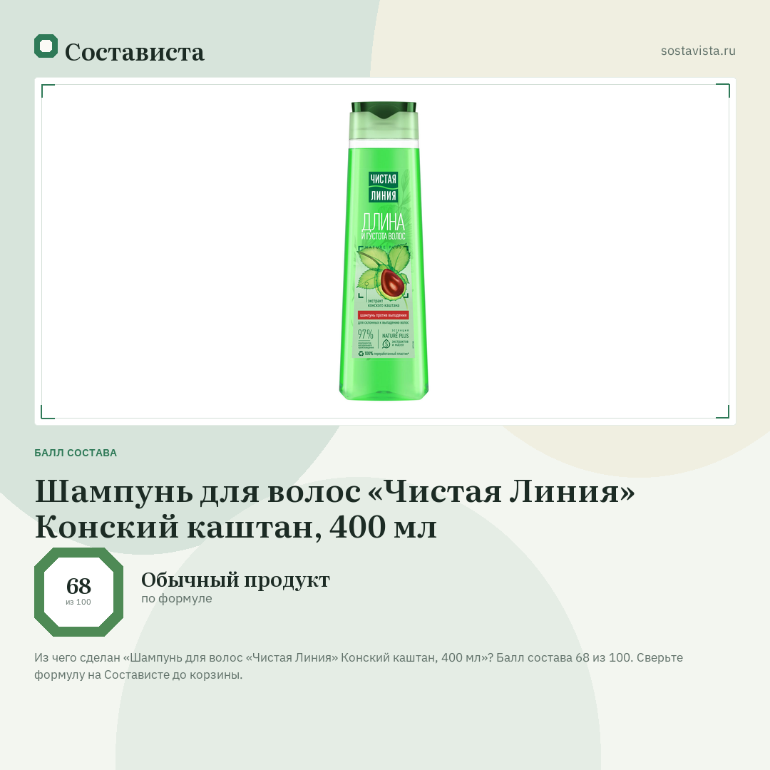 Шампунь для волос «Чистая Линия» Конский каштан, 400 мл: балл состава 68 из 100 — Состависта