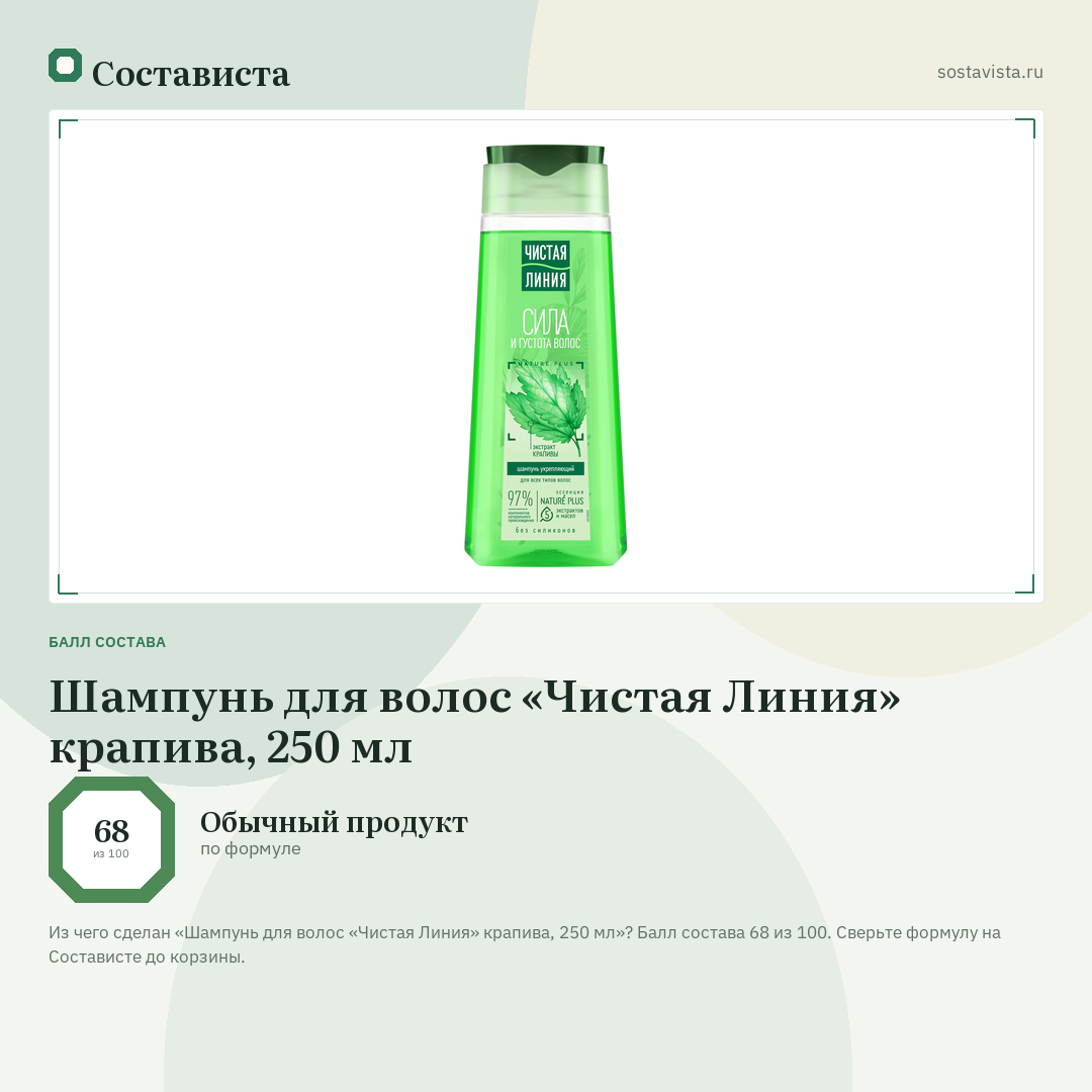 Шампунь для волос «Чистая Линия» крапива, 250 мл: балл состава 68 из 100 — Состависта