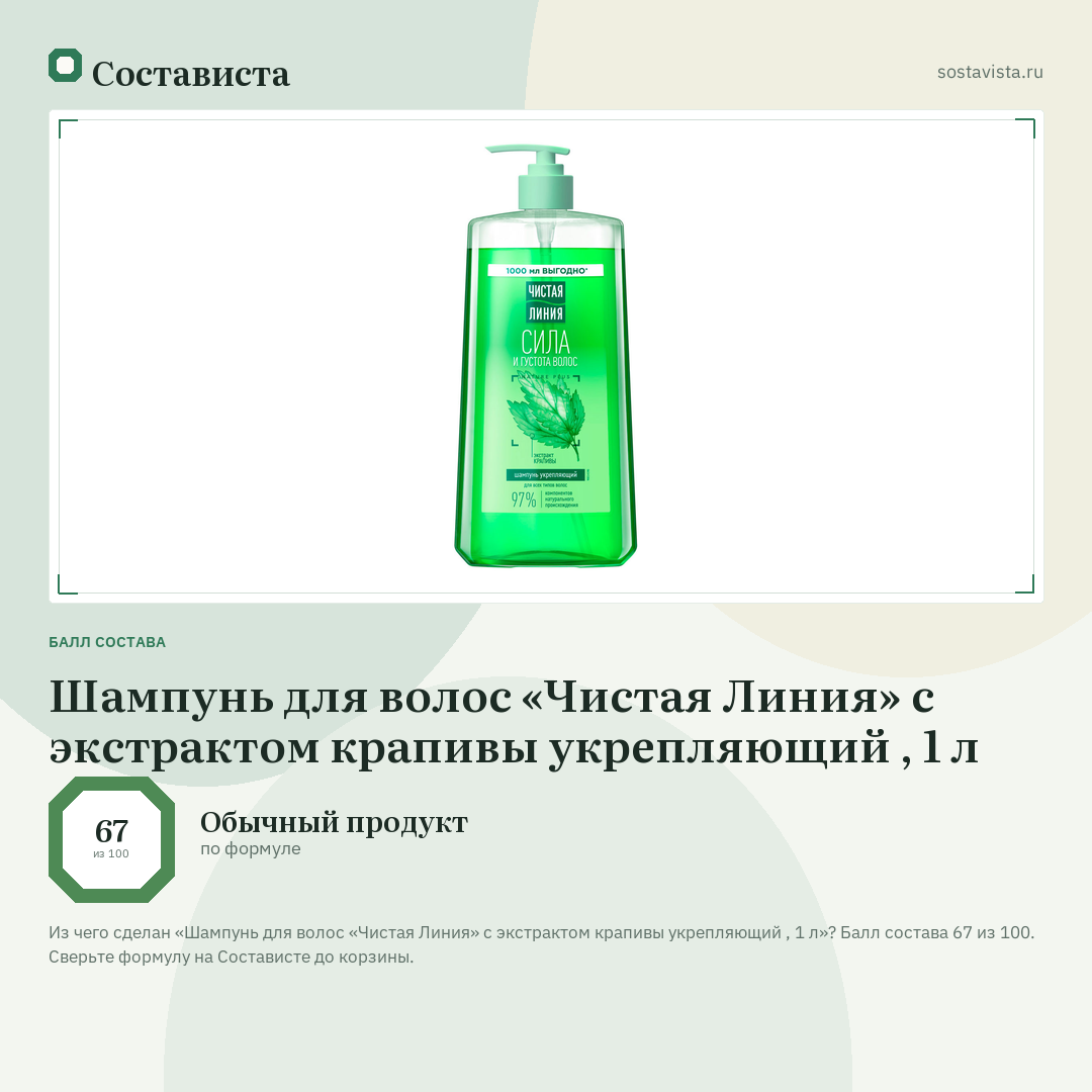 Шампунь для волос «Чистая Линия» с экстрактом крапивы укрепляющий , 1 л: балл состава 67 из 100 — Состависта