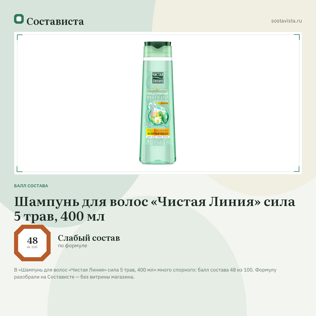 Шампунь для волос «Чистая Линия» сила 5 трав, 400 мл: балл состава 48 из 100 — Состависта