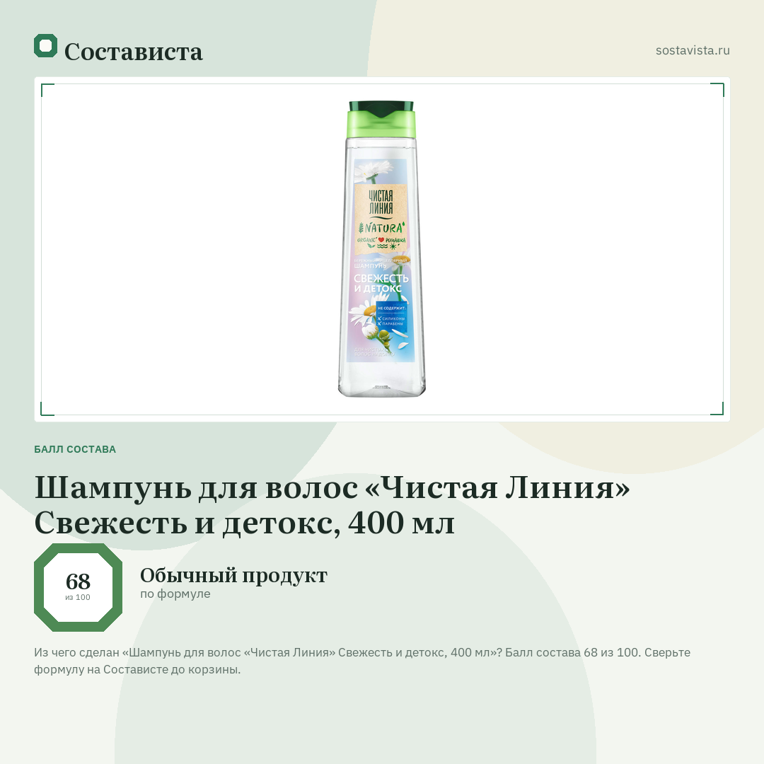 Шампунь для волос «Чистая Линия» Свежесть и детокс, 400 мл: балл состава 68 из 100 — Состависта