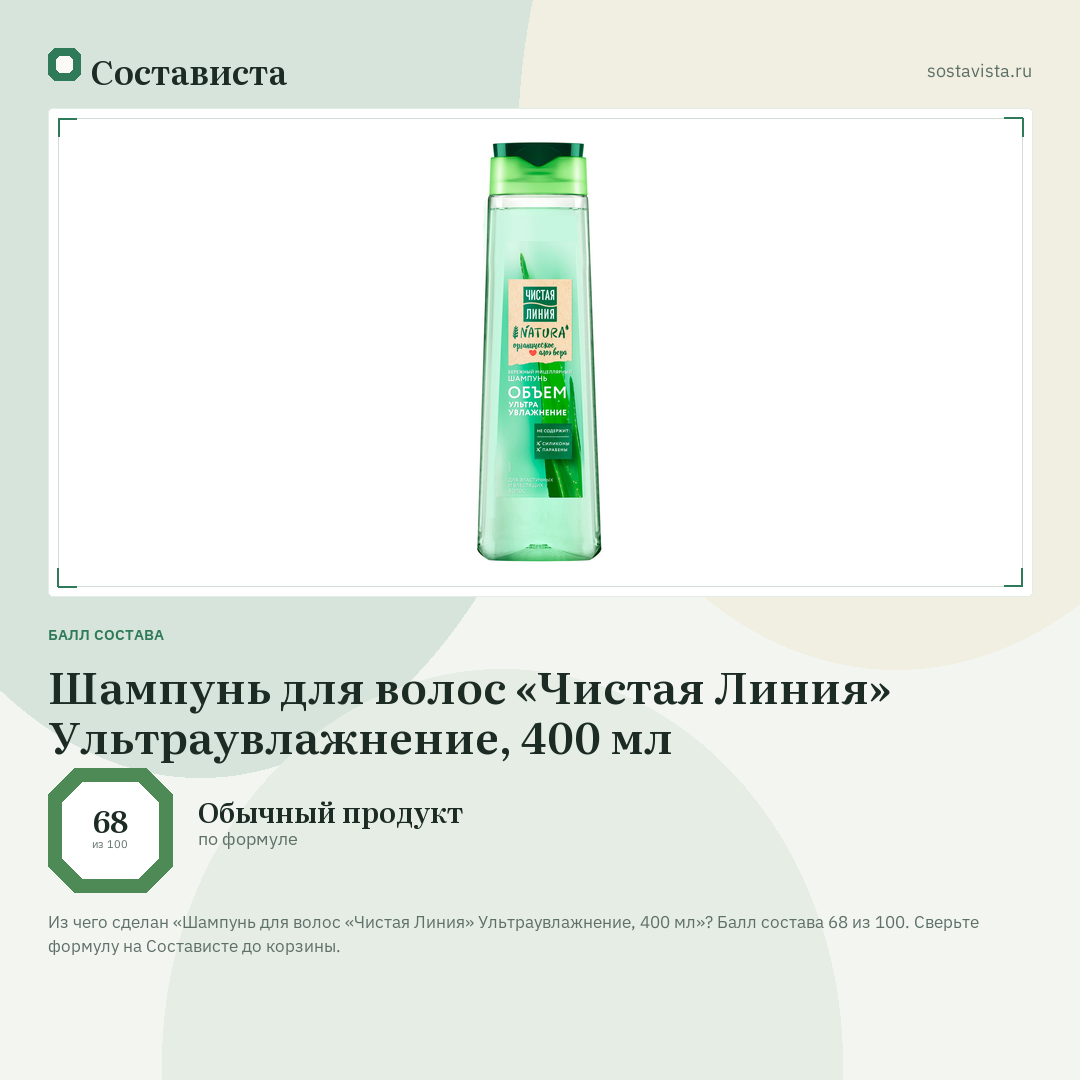 Шампунь для волос «Чистая Линия» Ультраувлажнение, 400 мл: балл состава 68 из 100 — Состависта