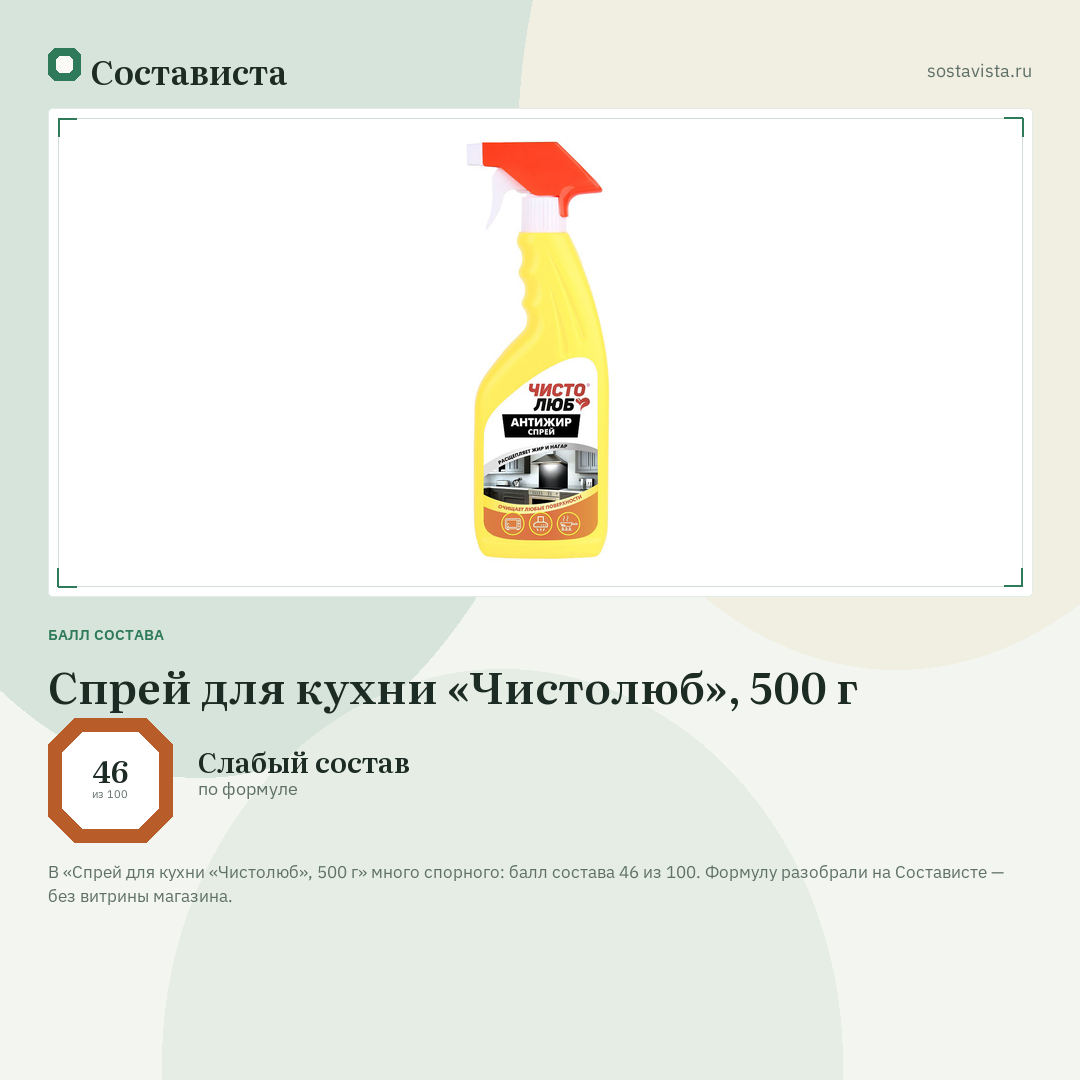 Спрей для кухни «Чистолюб», 500 г: балл состава 46 из 100 — Состависта