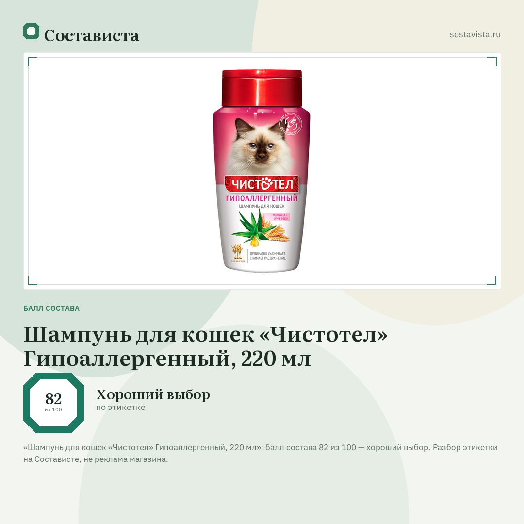 Шампунь для кошек «Чистотел» Гипоаллергенный, 220 мл: балл состава 82 из 100 — Состависта
