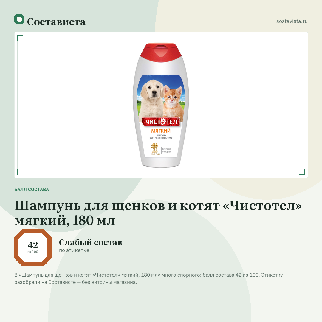 Шампунь для щенков и котят «Чистотел» мягкий, 180 мл: балл состава 42 из 100 — Состависта