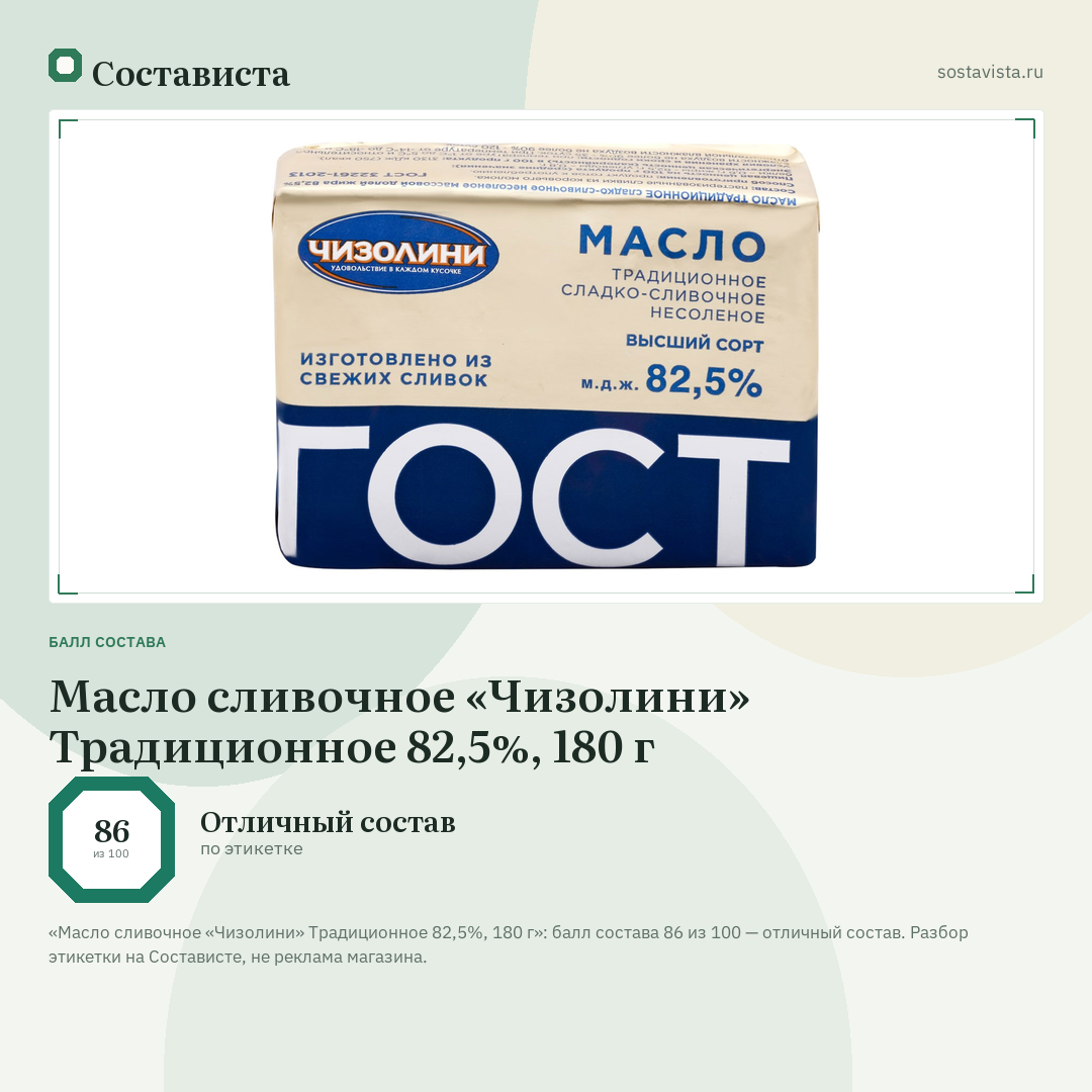 Масло сливочное «Чизолини» Традиционное 82,5%, 180 г: балл состава 86 из 100 — Состависта