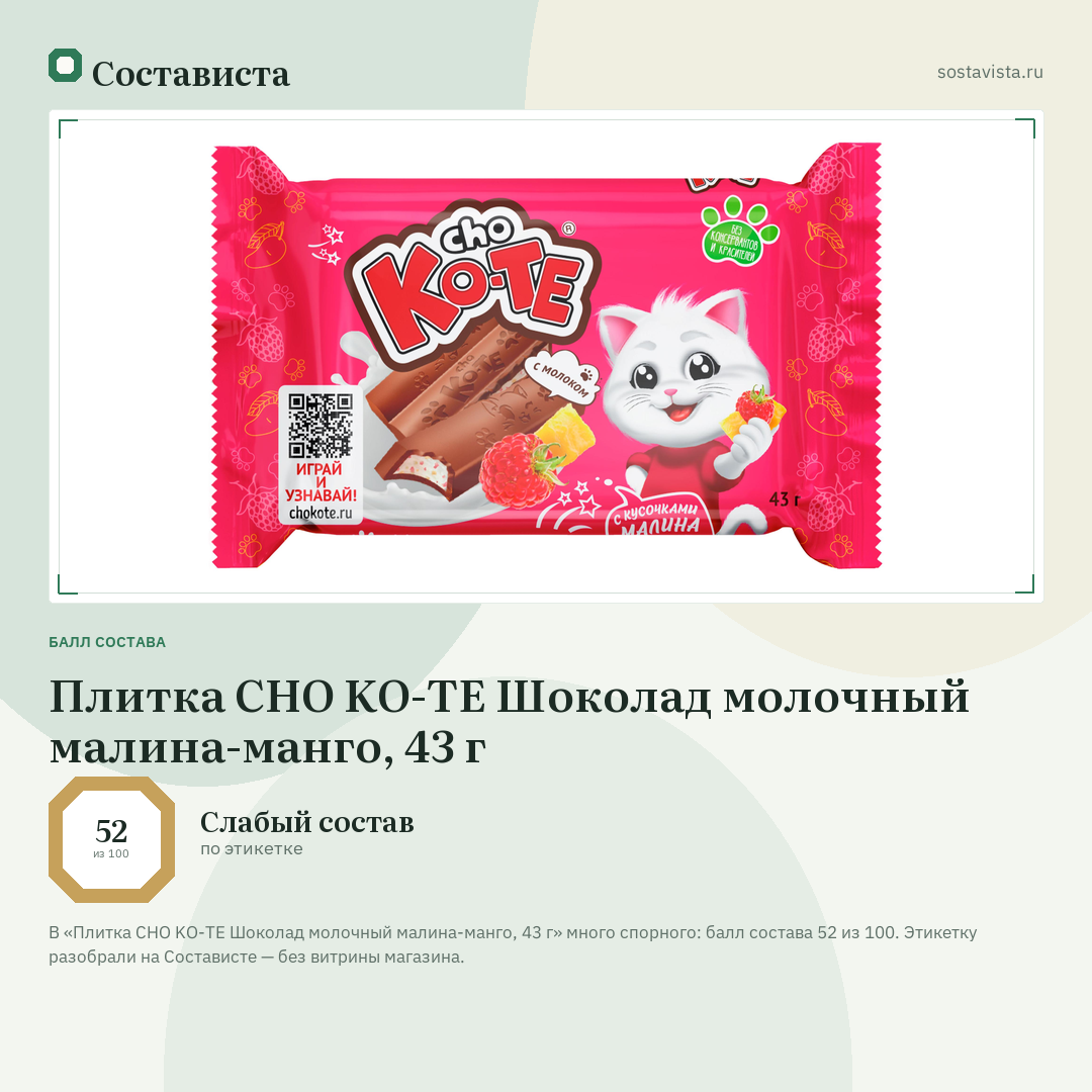 Плитка CHO KO-TE Шоколад молочный малина-манго, 43 г: балл состава 52 из 100 — Состависта