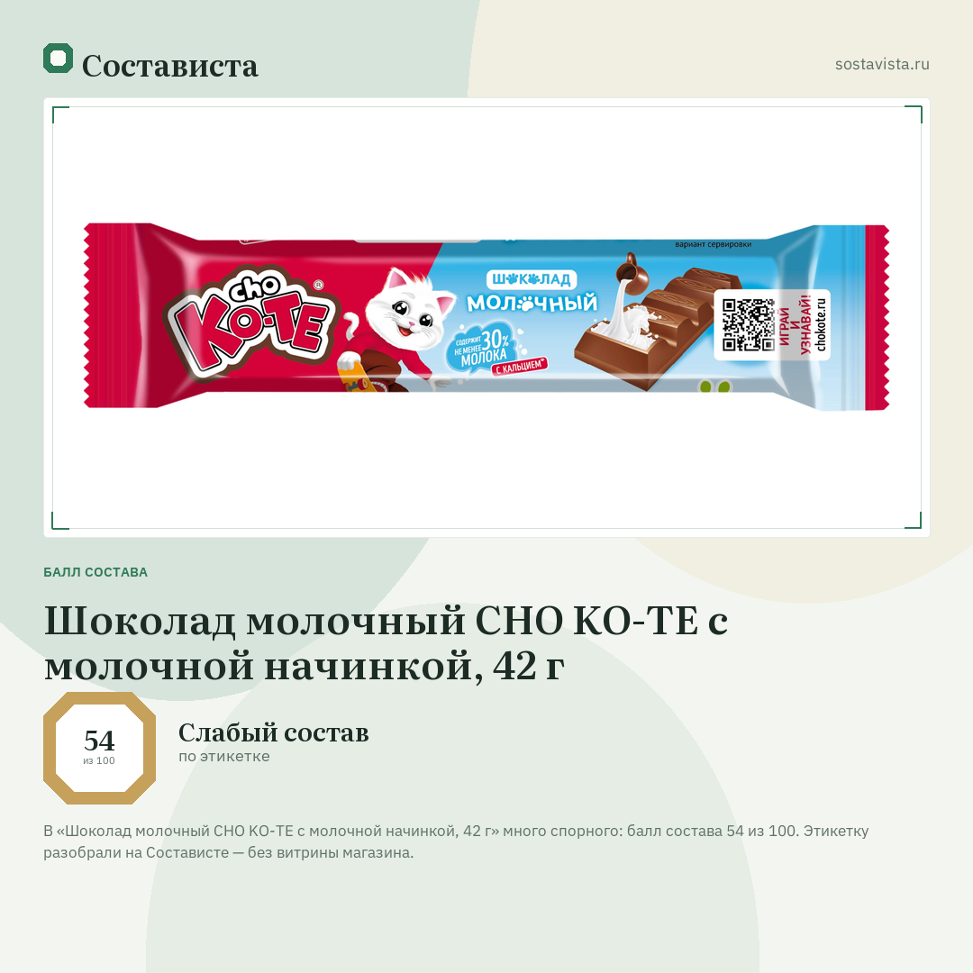 Шоколад молочный CHO KO-TE с молочной начинкой, 42 г: балл состава 54 из 100 — Состависта