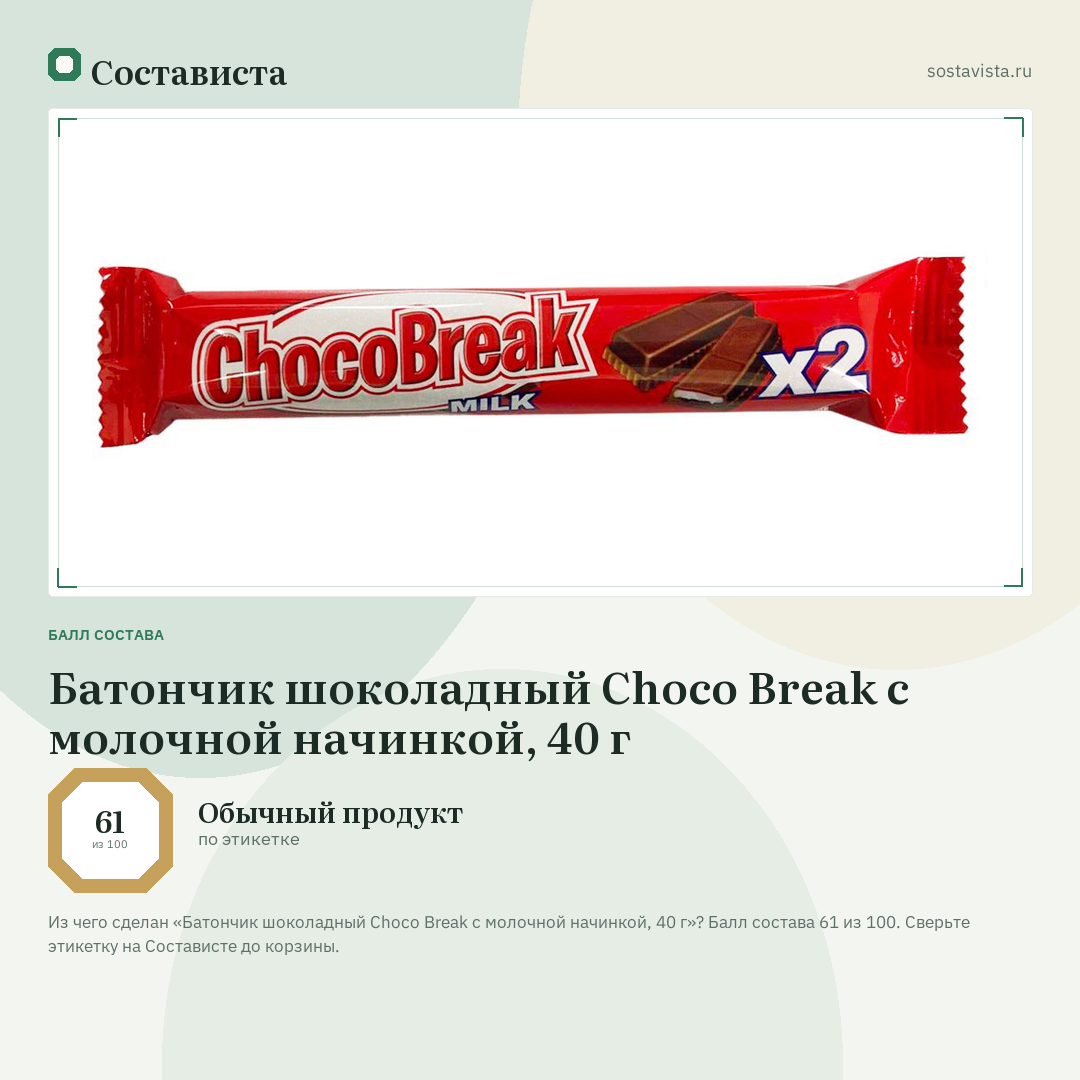 Батончик шоколадный Choco Break с молочной начинкой, 40 г: балл состава 61 из 100 — Состависта