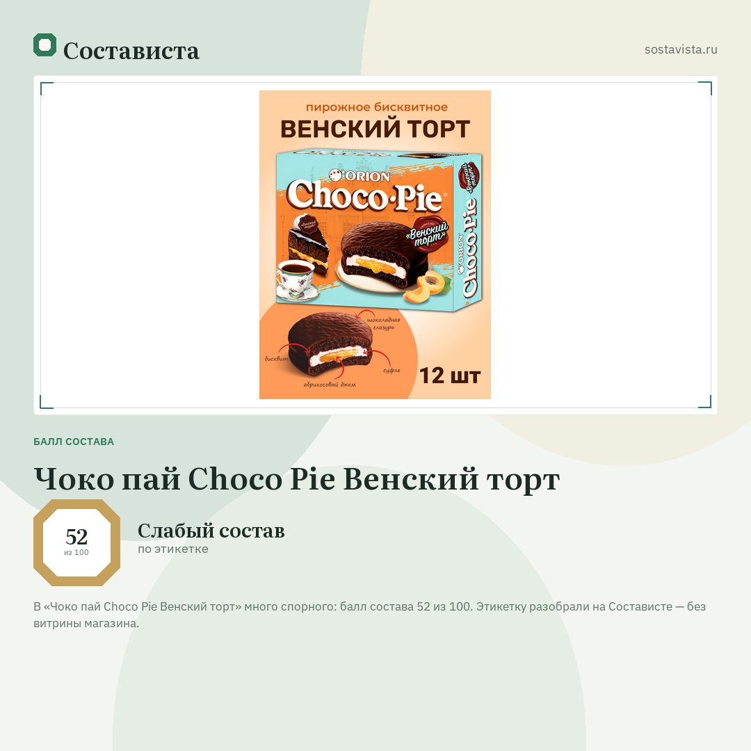 Чоко пай Choco Pie Венский торт: балл состава 52 из 100 — Состависта