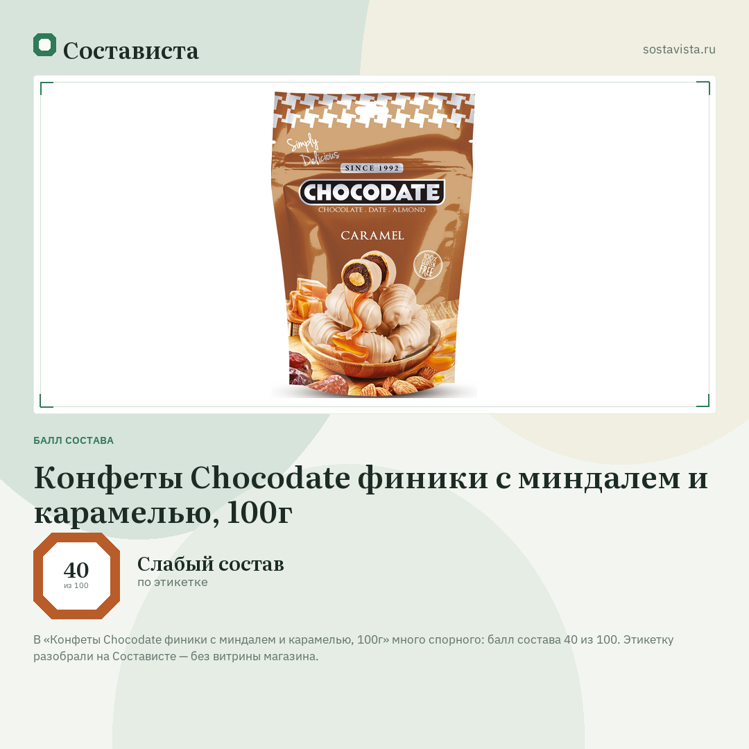 Конфеты Chocodate финики с миндалем и карамелью, 100г: балл состава 40 из 100 — Состависта