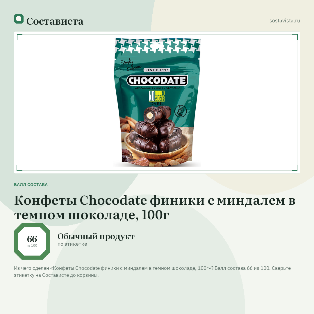 Конфеты Chocodate финики с миндалем в темном шоколаде, 100г: балл состава 66 из 100 — Состависта