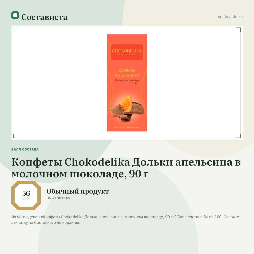 Конфеты Chokodelika Дольки апельсина в молочном шоколаде, 90 г: балл состава 56 из 100 — Состависта