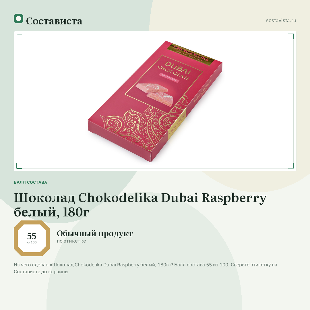 Шоколад Chokodelika Dubai Raspberry белый, 180г: балл состава 55 из 100 — Состависта