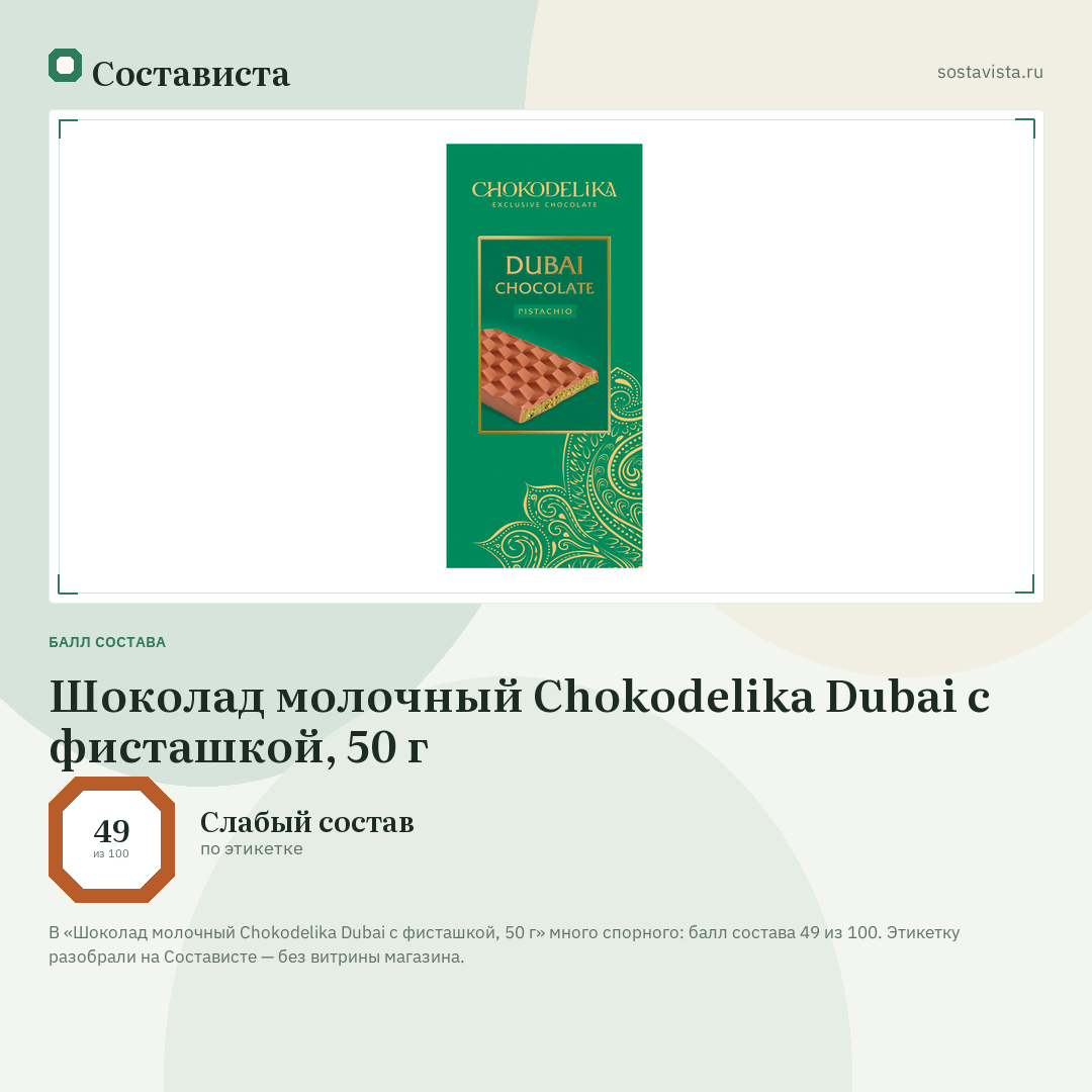 Шоколад молочный Chokodelika Dubai с фисташкой, 50 г: балл состава 49 из 100 — Состависта