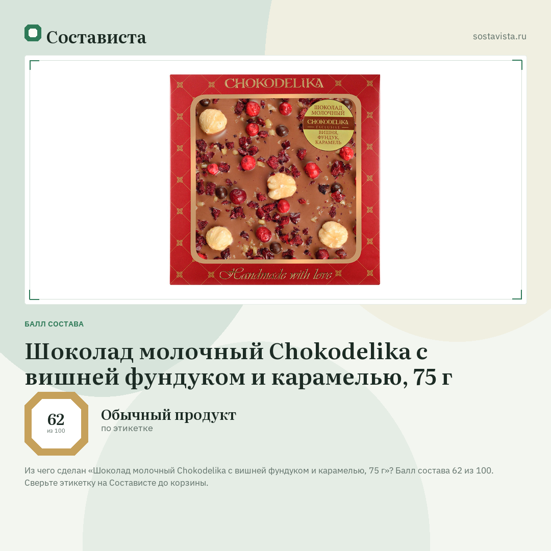 Шоколад молочный Chokodelika с вишней фундуком и карамелью, 75 г: балл состава 62 из 100 — Состависта