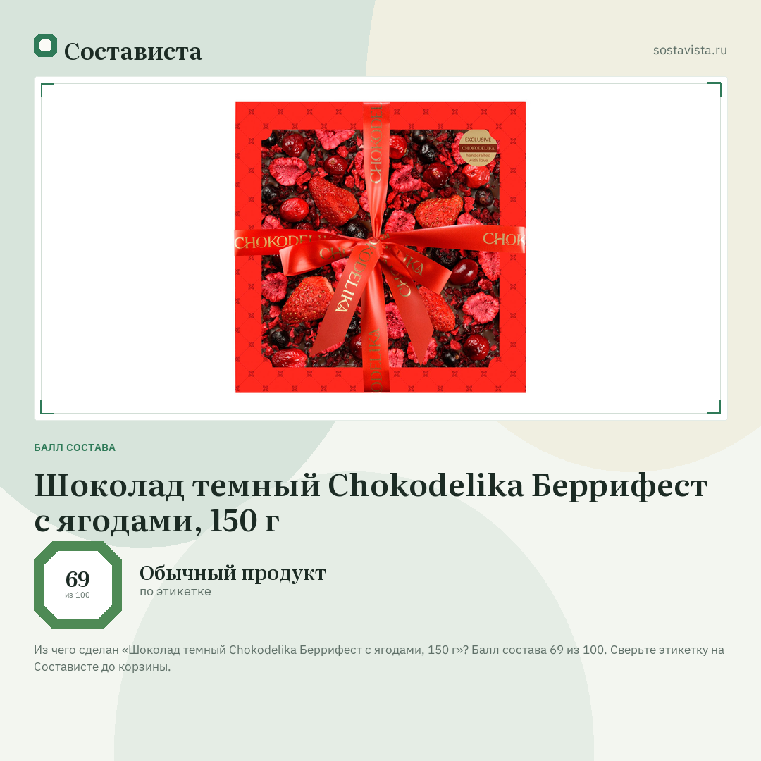 Шоколад темный Chokodelika Беррифест с ягодами, 150 г: балл состава 69 из 100 — Состависта