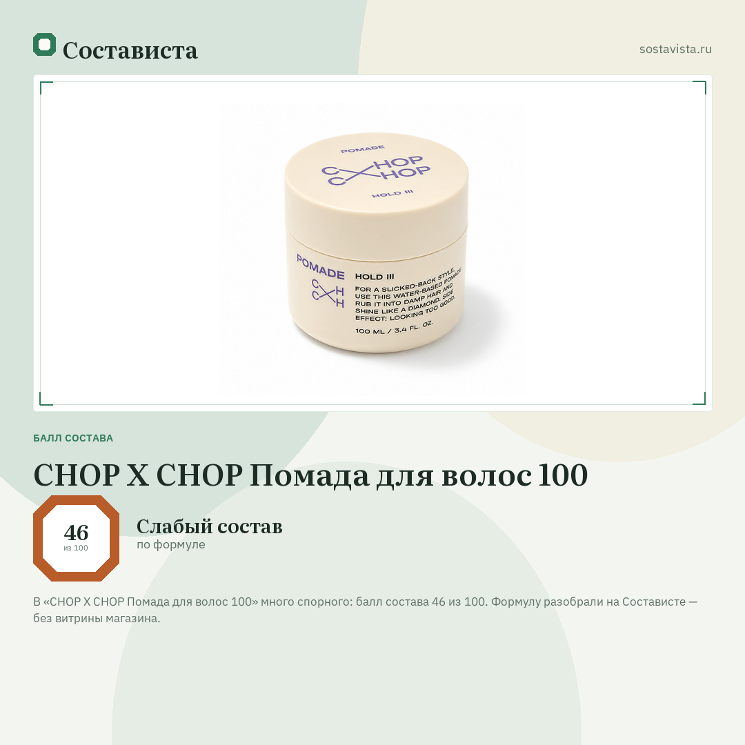 CHOP X CHOP Помада для волос 100: балл состава 46 из 100 — Состависта