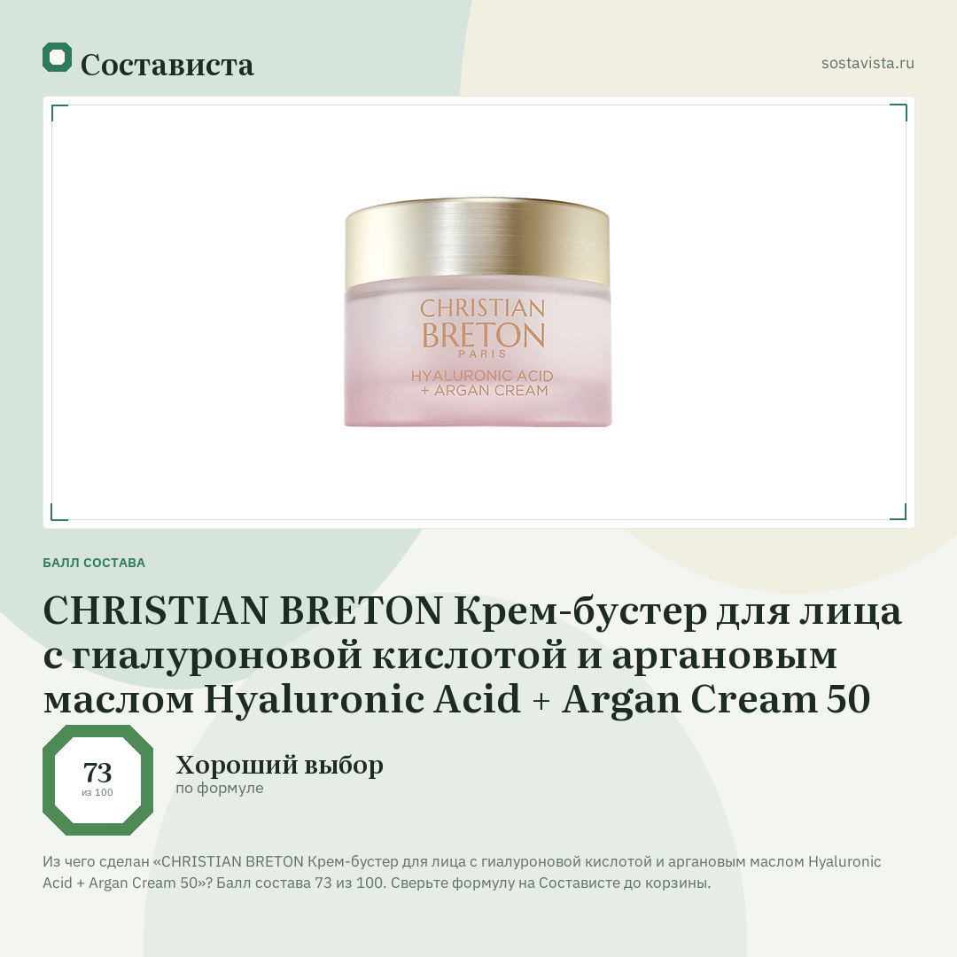 CHRISTIAN BRETON Крем-бустер для лица с гиалуроновой кислотой и аргановым маслом Hyaluronic Acid + Argan Cream 50: балл состава 73 из 100 — Состависта
