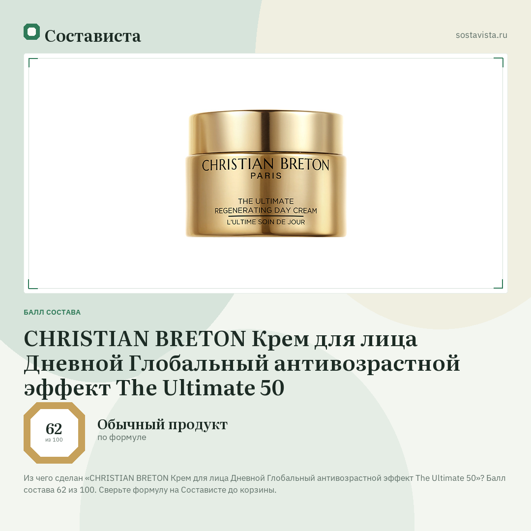 CHRISTIAN BRETON Крем для лица Дневной Глобальный антивозрастной эффект The Ultimate 50: балл состава 62 из 100 — Состависта