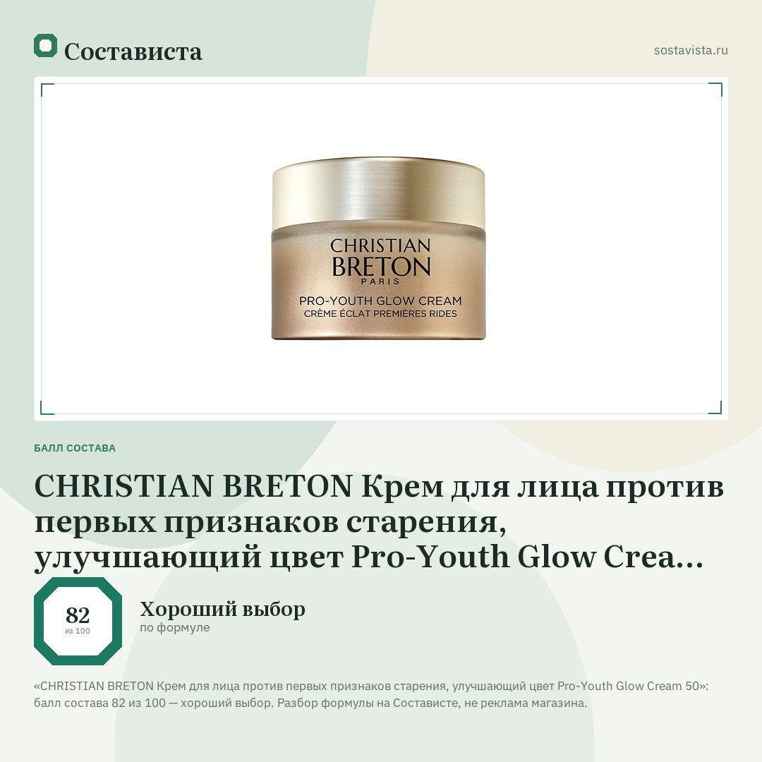 CHRISTIAN BRETON Крем для лица против первых признаков старения, улучшающий цвет Pro-Youth Glow Cream 50: балл состава 82 из 100 — Состависта