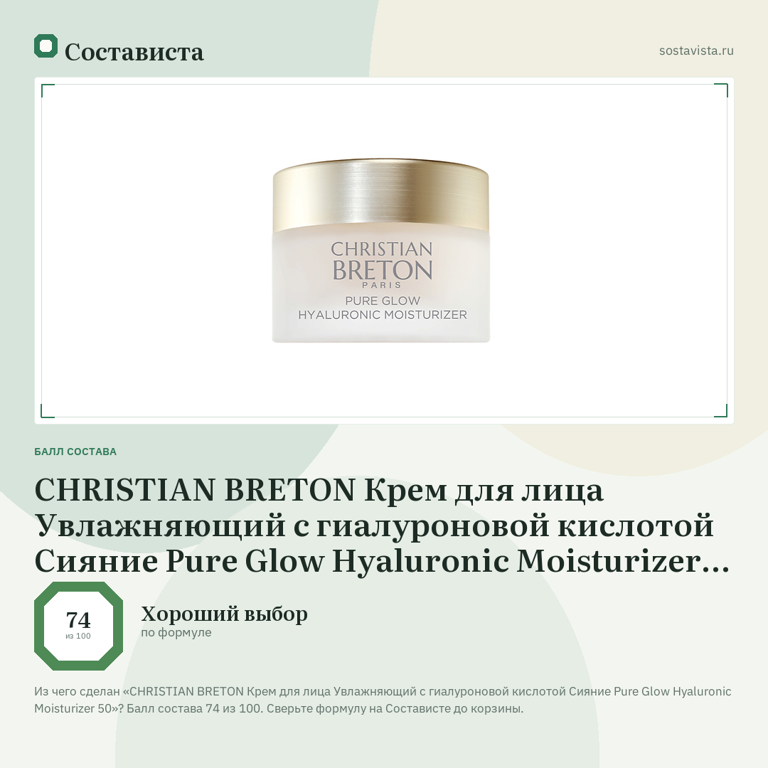 CHRISTIAN BRETON Крем для лица Увлажняющий с гиалуроновой кислотой Сияние Pure Glow Hyaluronic Moisturizer 50: балл состава 74 из 100 — Состависта