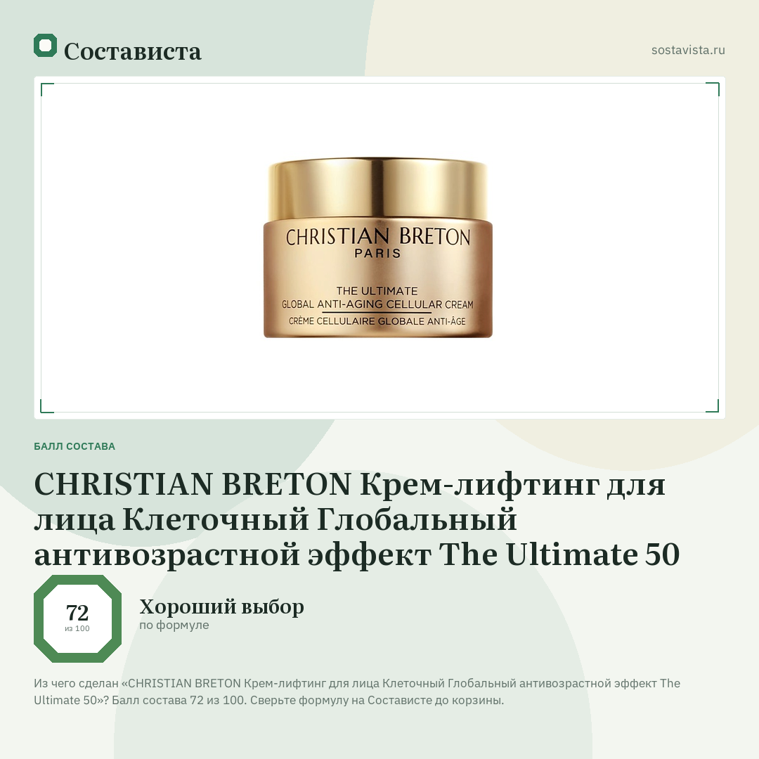 CHRISTIAN BRETON Крем-лифтинг для лица Клеточный Глобальный антивозрастной эффект The Ultimate 50: балл состава 72 из 100 — Состависта