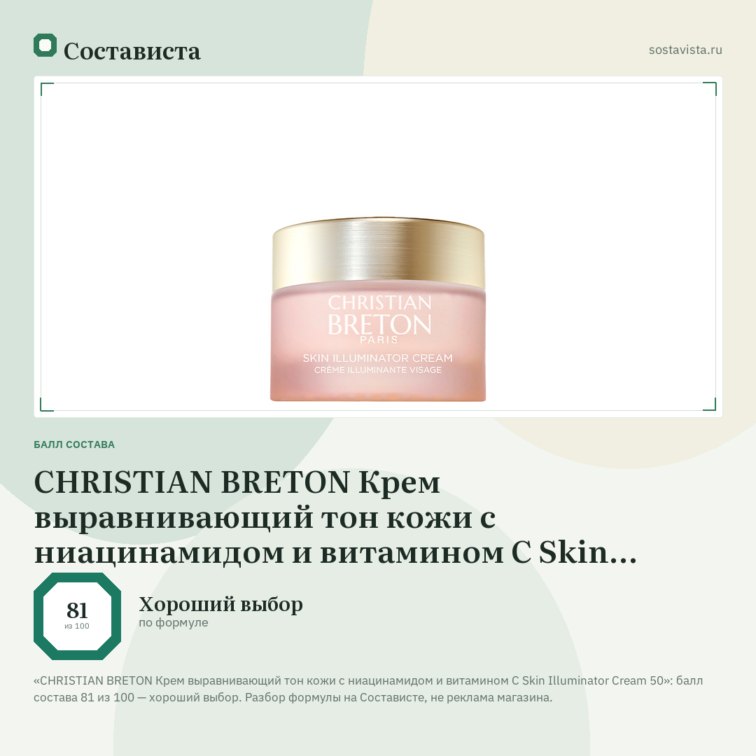 CHRISTIAN BRETON Крем выравнивающий тон кожи с ниацинамидом и витамином С Skin Illuminator Cream 50: балл состава 81 из 100 — Состависта
