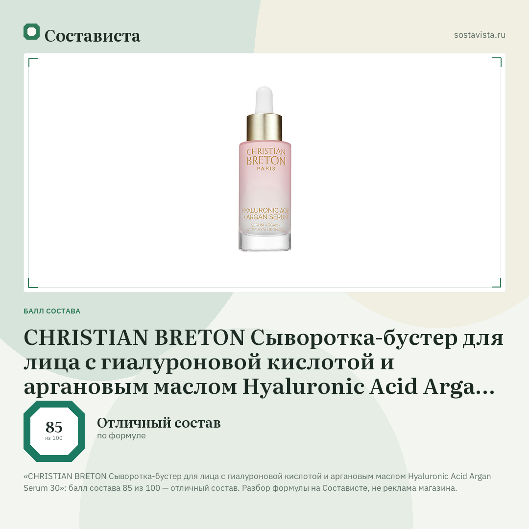 CHRISTIAN BRETON Сыворотка-бустер для лица с гиалуроновой кислотой и аргановым маслом Hyaluronic Acid Argan Serum 30: балл состава 85 из 100 — Состависта