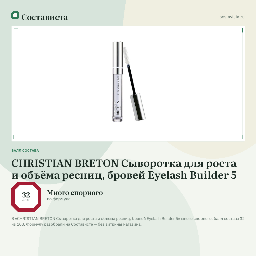 CHRISTIAN BRETON Сыворотка для роста и объёма ресниц, бровей Eyelash Builder 5: балл состава 32 из 100 — Состависта