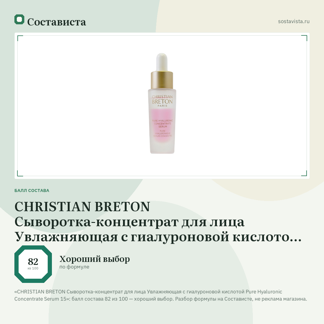 CHRISTIAN BRETON Сыворотка-концентрат для лица Увлажняющая с гиалуроновой кислотой Pure Hyaluronic Concentrate Serum 15: балл состава 82 из 100 — Состависта